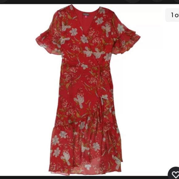 Vince Camuto Womens Wildflower Ruffled Dress red flutter sleeve back zip tie 18W - Picture 4 of 6